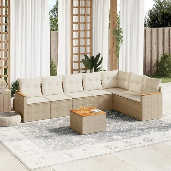Havesofasæt i polyrattan 8 dele med hynder – Beige