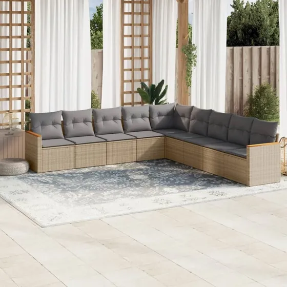 Havesæt 9 dele i beige polyrattan med hynder