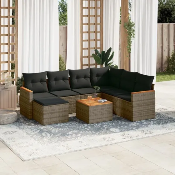 Havesofa sæt 8 dele i grå polyrattan med hynder