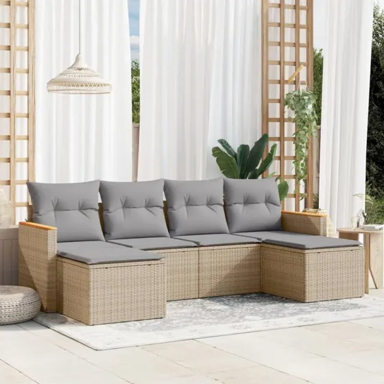 Havesofasæt 6 dele i polyrattan beige med hynder