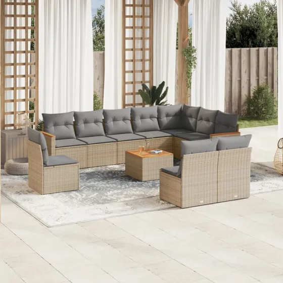 Havesofasæt 11 dele i polyrattan beige med hynder