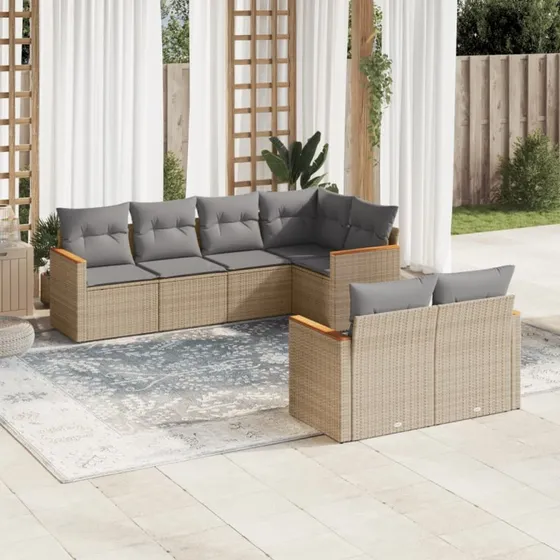 Havesæt 7 dele i polyrattan med hynder - beige