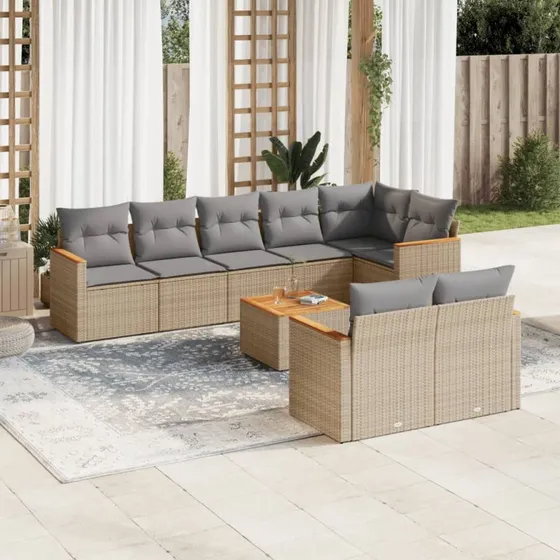 9-delers spisebordssæt i beige polyrattan med hynder