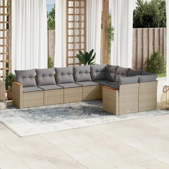 Polyrattan spisebordssæt 9 dele med hynder – beige