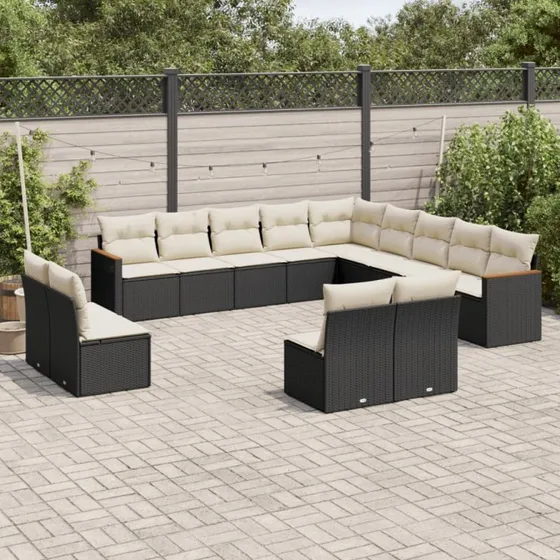 Havesofasæt 13 dele i sort polyrattan med hynder