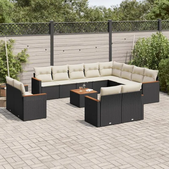 Havesofasæt 13 dele polyrattan sort med hynder