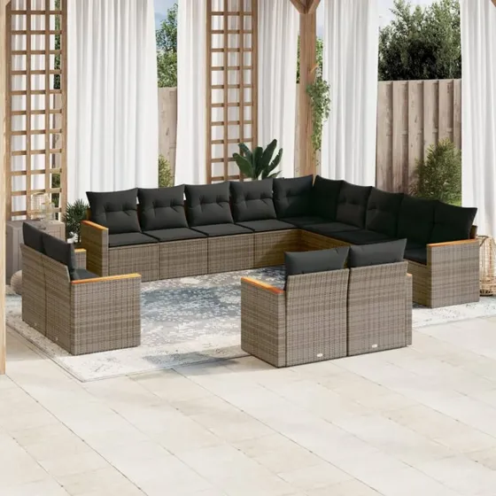 Havesofasæt 13 dele i polyrattan med hynder, grå