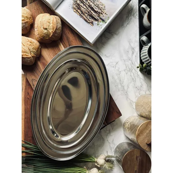 Rustfrit stål ovalt fad, sæt 3 stk (450x290, 499x265, 340x215 cm)