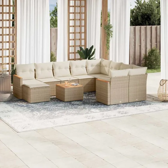 11-dele havesofasæt i polyrattan med hynder, beige
