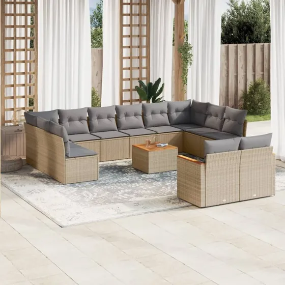 Spisebordssæt 13 dele i beige polyrattan med hynder
