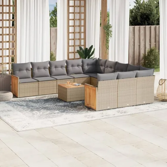 Havemøbelsæt 13 dele i beige polyrattan med hynder