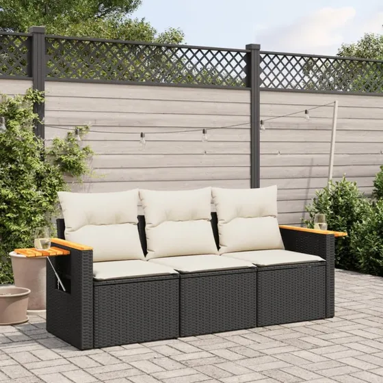 Havesofasæt 3 dele i sort polyrattan med hynder