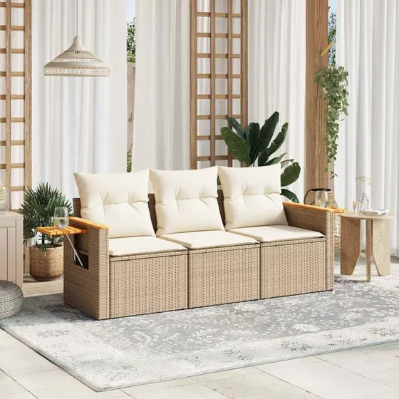 Sofasæt til haven 3 dele i beige polyrattan med hynder