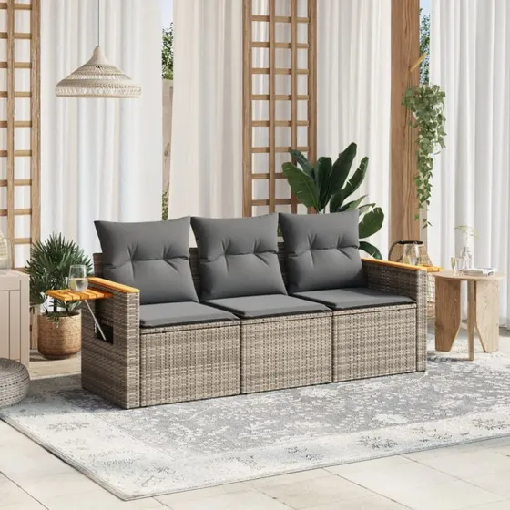 Havesofasæt 3 dele i polyrattan med hynder, grå