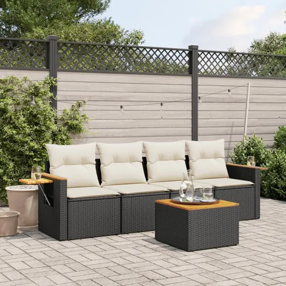 Havesæt 5 dele i sort polyrattan med hynder