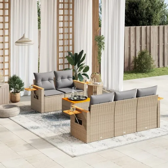 Havesofasæt 6 dele i polyrattan med hynder, beige
