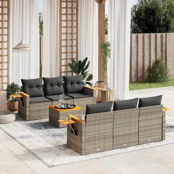 Havesofasæt 7 dele i polyrattan med hynder, grå