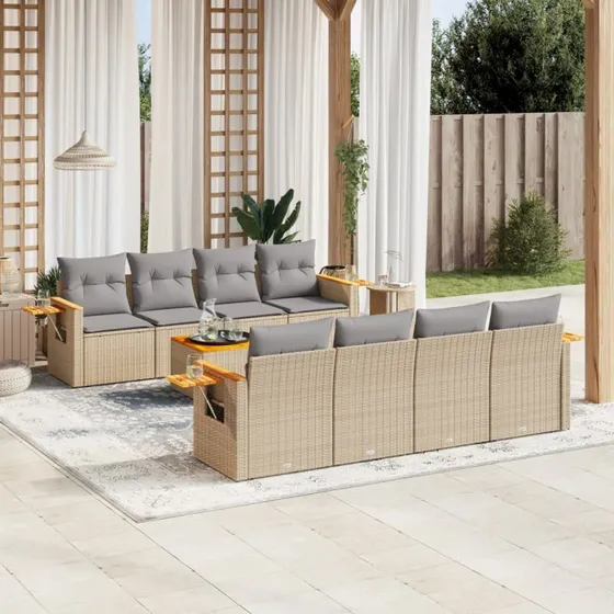 9-dele polyrattan havesæt med hynder - beige