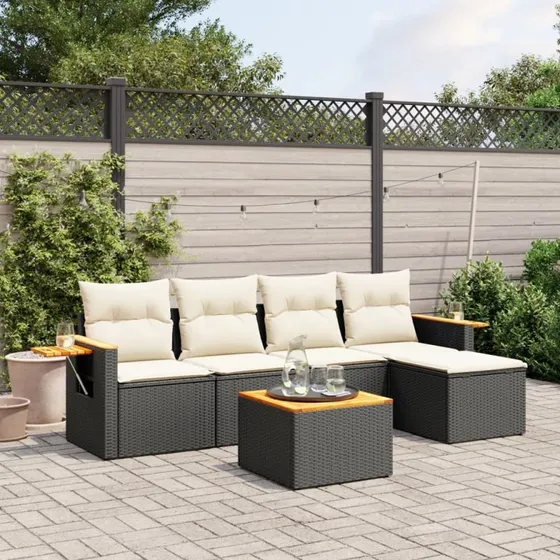 Havesofa sæt 6 dele i sort polyrattan med hynder