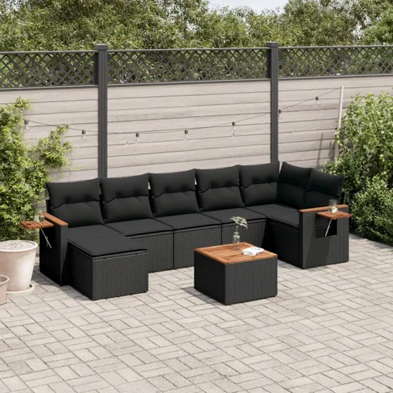Havesofasæt 8 dele polyrattan med hynder - Sort