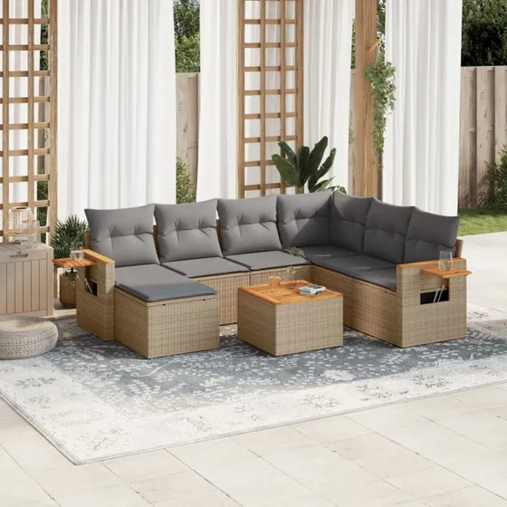 8-delt polyrattan sofasæt til have med hynder, beige