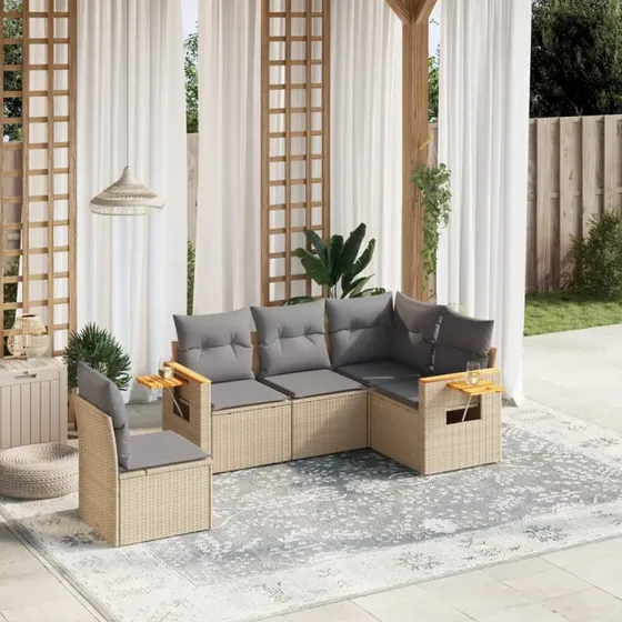 Havesofasæt 5 dele i polyrattan med hynder – beige