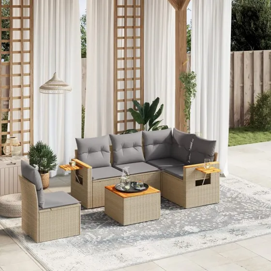 Havesofasæt 6 dele i beige polyrattan inkl. hynder