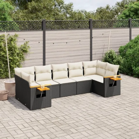 Polyrattan sofasæt til haven 7 dele med hynder - sort