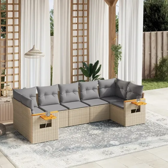 Sofasæt til haven 7 dele i polyrattan med hynder – beige