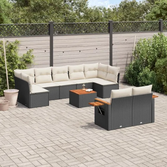 Havesofasæt 10 dele i polyrattan med hynder, sort