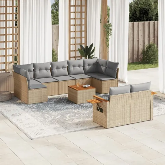Havesofasæt 10 dele i beige polyrattan inkl. hynder