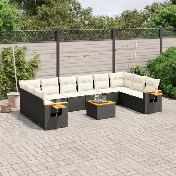 Havesofa-sæt 11 dele, sort polyrattan med hynder
