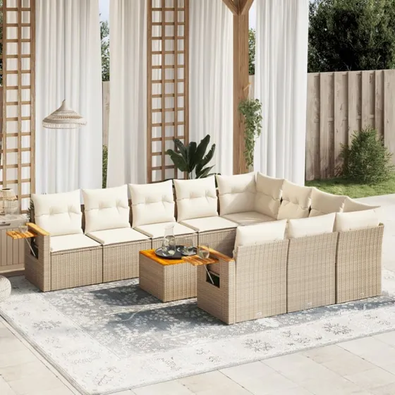 11-delers havemøbelsæt i polyrattan med hynder – beige