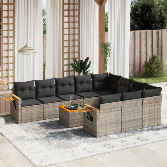 Loungesæt til have 11 dele i grå polyrattan med hynder