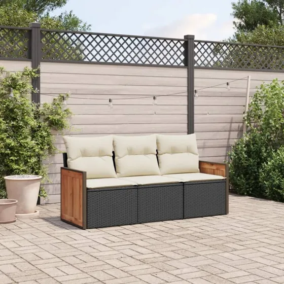 Sofasæt til haven 3 dele i sort polyrattan med hynder