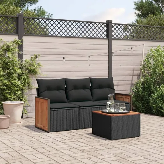 Sort 4-dele havesofasæt i polyrattan med hynder