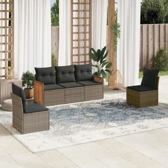 Sofasæt 5 dele i polyrattan med hynder, grå