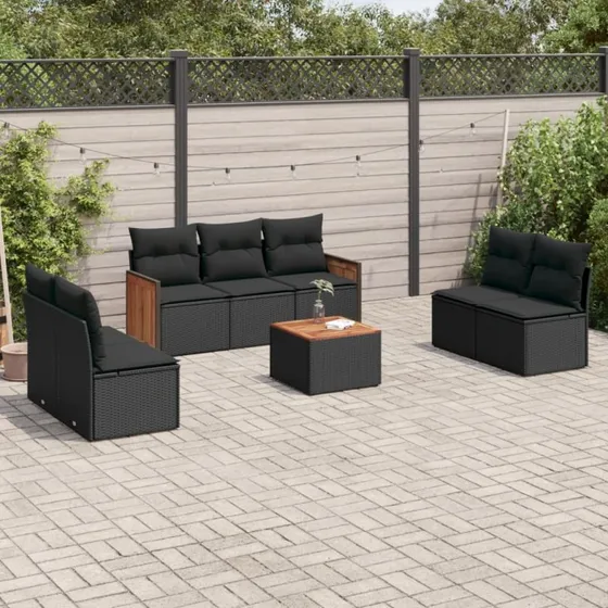 Havesofasæt 8 dele i sort polyrattan m. hynder