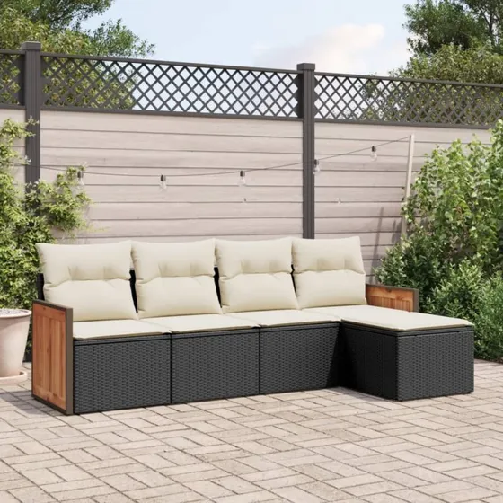 Havesofasæt 5 dele i sort polyrattan med hynder