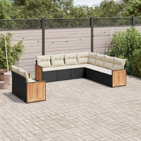 Havesofasæt 9 dele - sort polyrattan med hynder