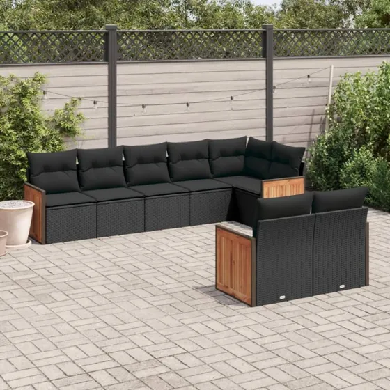 8-delers havesofasæt i sort polyrattan med hynder