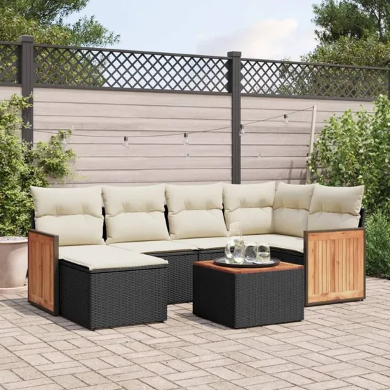 Havesofasæt 7 dele i sort polyrattan med hynder