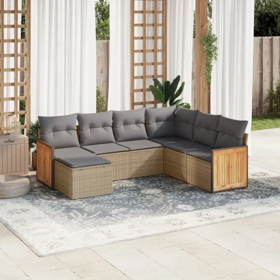 7-dele havestel i polyrattan med hynder – beige