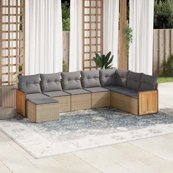 Havesæt 8 dele i polyrattan med hynder – beige