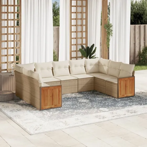 Sofasæt i polyrattan til haven 9 dele med hynder - beige