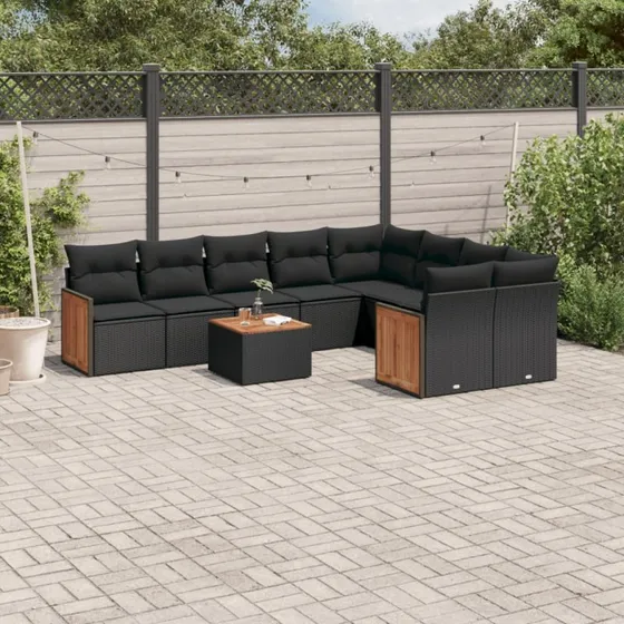 Havesofasæt 10 dele i polyrattan - sort med hynder