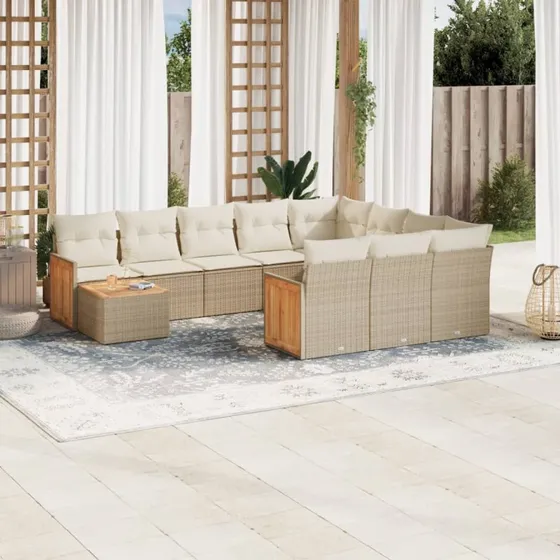 Havesofasæt 11 dele i polyrattan med hynder - Beige