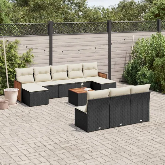 Havesæt 11 dele i sort polyrattan med hynder