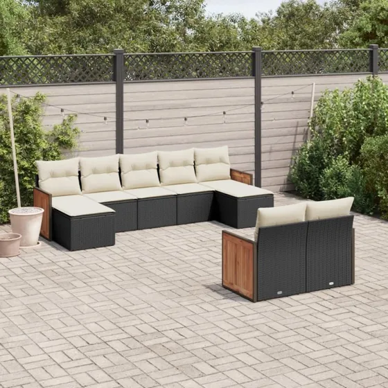 Havesæt 9 dele i sort polyrattan med hynder