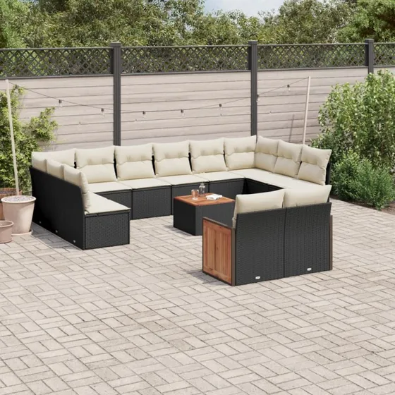 Havesofasæt 13 dele i polyrattan med hynder, sort